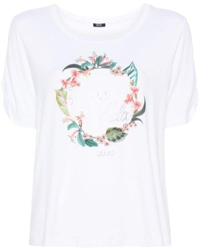 Liu Jo Rhinestone-slogan Floral T-shirt - White