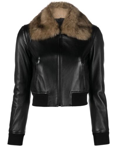 Saint Laurent Faux-fur Collar Cropped Leather Jacket - Black