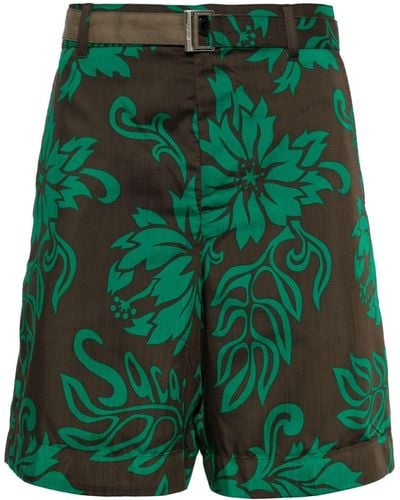 Sacai Floral-print Cotton Shorts - Green