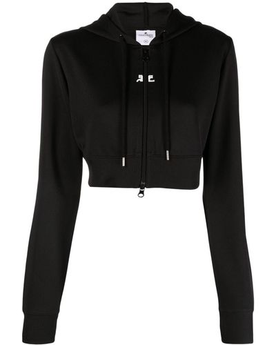 Courreges Logo-patch Cropped Zipped Hoodie - Black