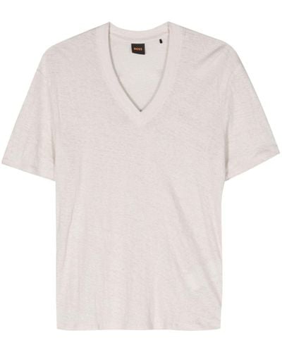 BOSS Logo-embroidered Linen T-shirt - White