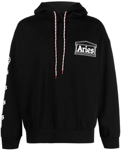 Aries Logo-print Cotton Hoodie - Black