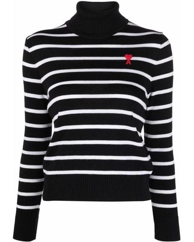 Ami Paris Ami De Coeur Striped Roll-neck Sweater - Black