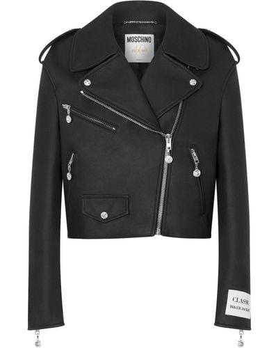 Moschino Logo-appliqué Leather Biker Jacket - Black