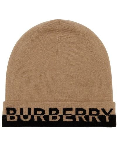 Burberry Embroidered-logo Knitted Beanie - Natural
