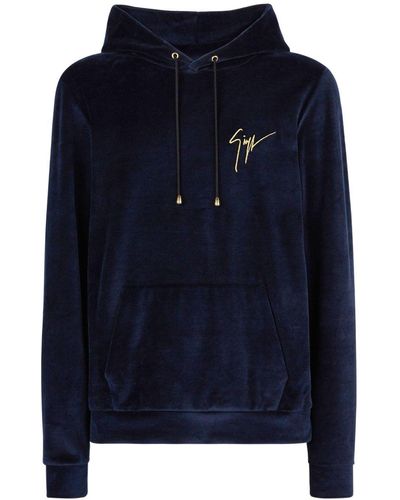 Giuseppe Zanotti Hoodie en velours à logo brodé - Bleu