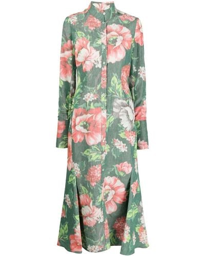 Erdem Floral-print Linen Shirtdress - Green