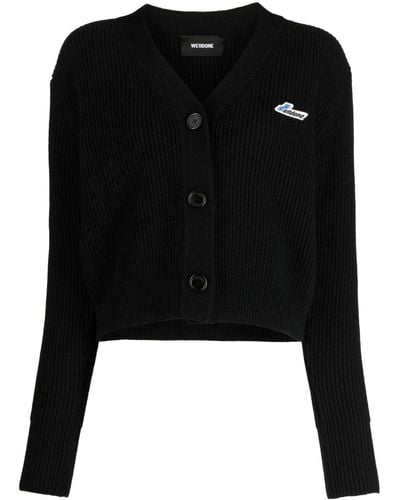 we11done Logo-patch Ribbed-knit Wool Cardigan - Black