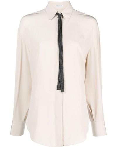 Brunello Cucinelli Beaded-tie Silk Shirt - Natural