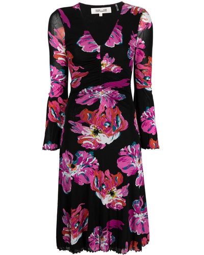 Diane von Furstenberg Midi-jurk Met Bloemenprint - Zwart