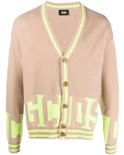 Gcds Logo-band Ribbed-knit Cardigan - Green