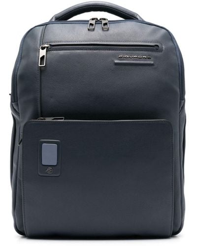 Piquadro Akron Logo-lettering Leather Backpack - Blue