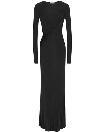 Saint Laurent Long-sleeve Ruched Gown Dress - Black