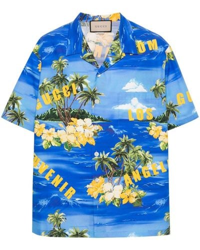 Gucci Bowlinghemd mit Palmen-Print - Blau