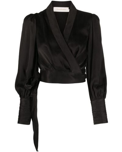 Zimmermann Cropped Silk Wrap Top - Black