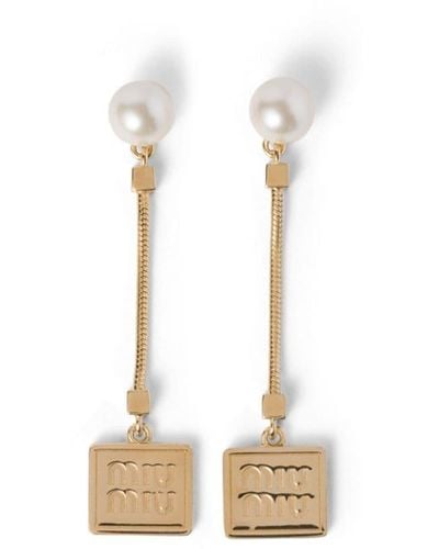 Miu Miu Logo-debossed Faux-pearl Drop Earrings - White
