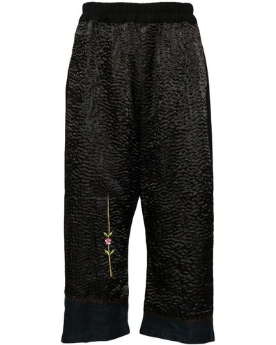 By Walid Floral-embroidered Cropped Trousers - Black