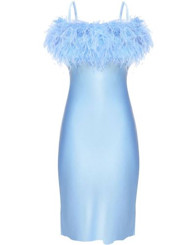 Sleeper Boheme Feather-trim Satin Minidress - Blue