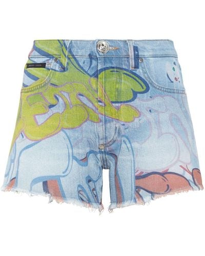 Philipp Plein Kurze Jeans-Shorts mit Graffiti-Print - Blau