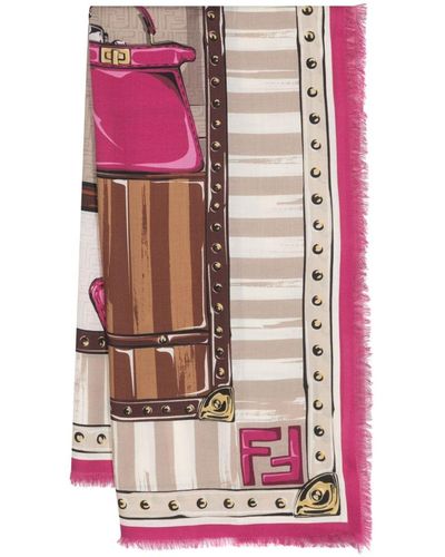 Fendi Iconic Bags-print Frayed Scarf - Pink