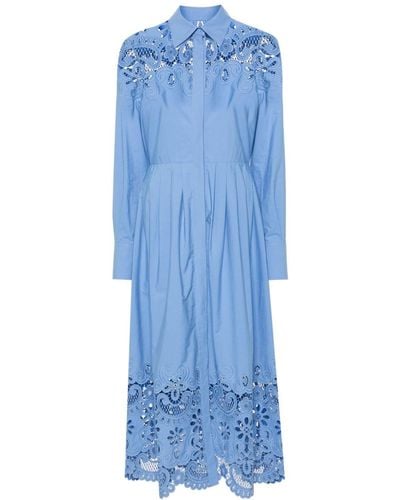 Valentino Garavani Broderie-detail Pleated Midi Dress - Blue
