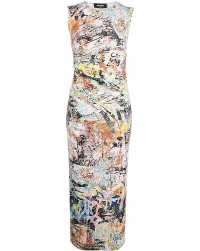 DSquared² Abstract-print Gathered-detail Midi Dress - White