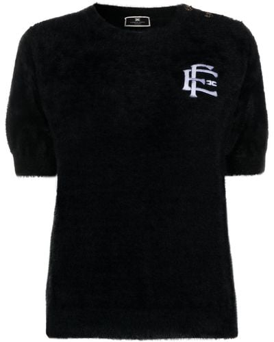 Elisabetta Franchi Logo-embroidered Brushed Top - Black