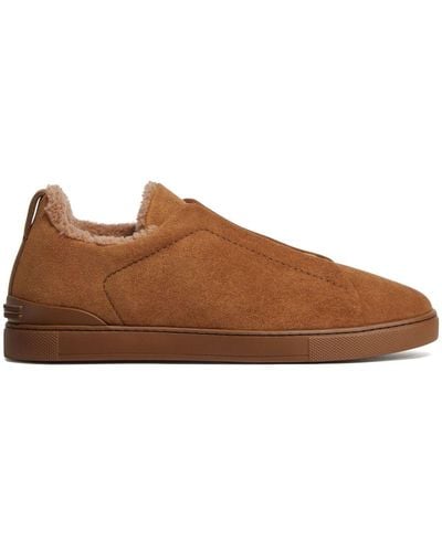 Zegna Triple Stitch Leather Sneakers - Brown
