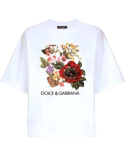 Dolce & Gabbana T-shirt Met Bloemenprint Van Katoenblend - Wit