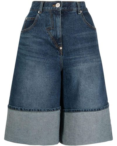 Pushbutton Turn-up Hem Knee-length Denim Shorts - Blue