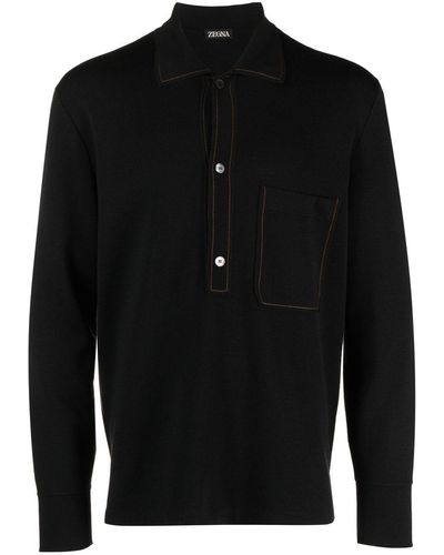 Zegna Contrast-stitching Long-sleeve Polo Shirt - Black