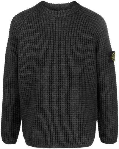 Stone Island Logo-appliquéd Waffle-knit Virgin Wool Jumper - Black