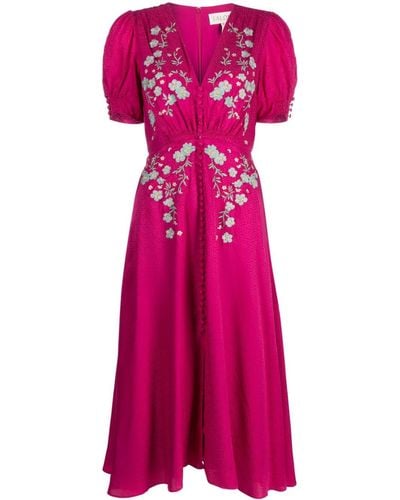 Saloni Lea Embroidered-detail Midi Dress - Pink