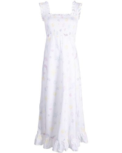 Ganni Shell-print Cotton Midi Dress - White