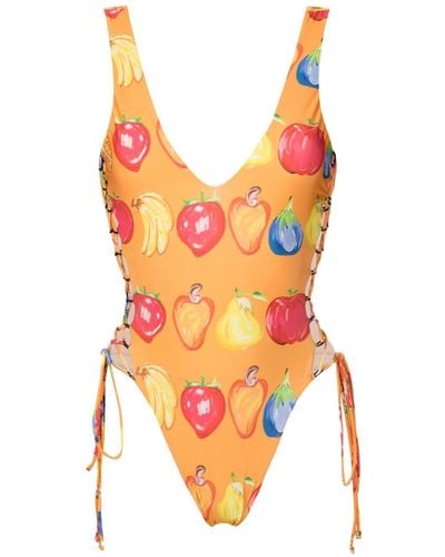 Amir Slama Fruit-print Open-back Swimsuit - Orange