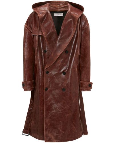 JW Anderson Hooded Leather Trench Coat - Brown