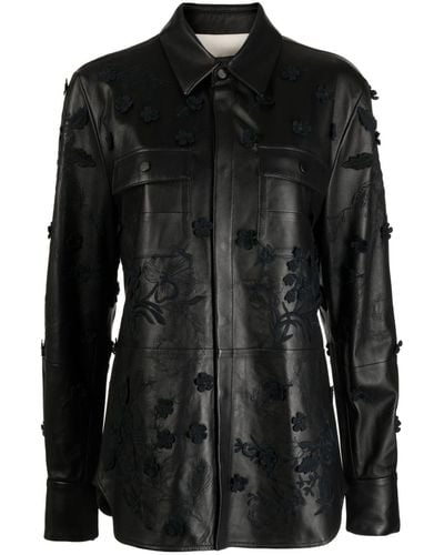 Elie Saab Floral-embroidered Leather Shirt Jacket - Black