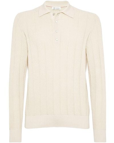 Brunello Cucinelli Perforated Cotton Polo Shirt - Natural