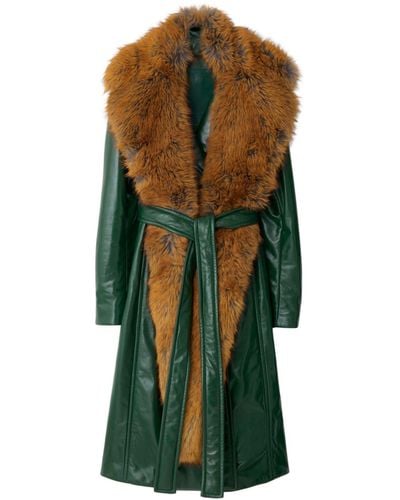Burberry Faux-fur Collar Leather Coat - Green