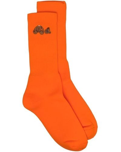Palm Angels Teddy Bear Embroidered Ribbed-knit Socks - Orange