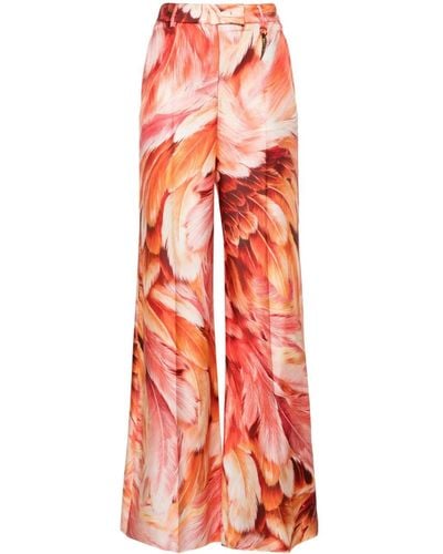 Roberto Cavalli Wide-leg Feather-print Trousers - Red