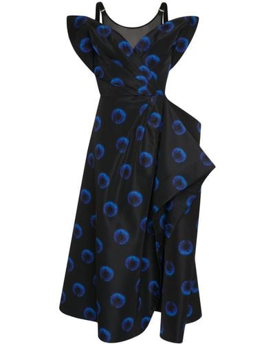Alexander McQueen Asymmetric Mesh-trimmed Printed Faille Midi Dress - Blue