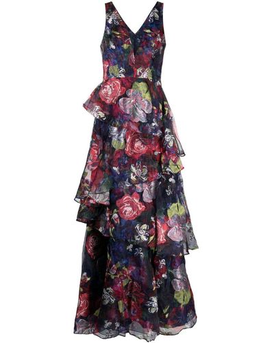 Marchesa Floral-embroidered V-neck Maxi Dress - Blue