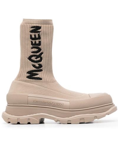 Alexander McQueen Tread Ribbed-knit Ankle Boots - Natural