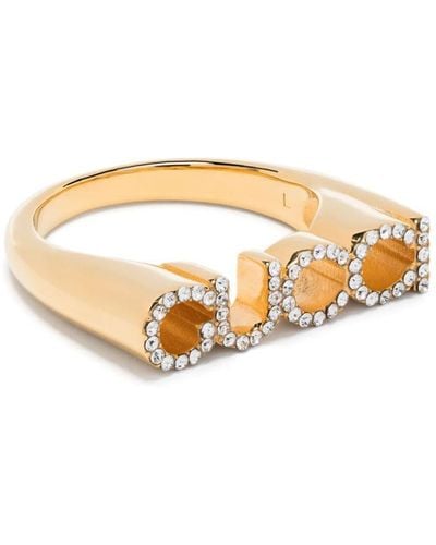 Gucci Logo-script Crystal-embellished Antique Gold-toned Metal Ring - Metallic