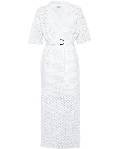 Brunello Cucinelli Belted Pointelle-knit Dress - White