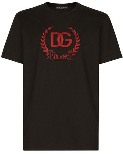Dolce & Gabbana T-Shirt Aus Baumwolle Mit Logostickerei Dg Milano - Schwarz