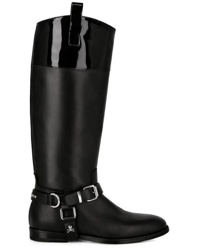 Philipp Plein Buckled Leather Knee-high Boots - Black