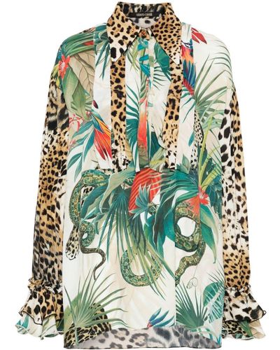 Roberto Cavalli Seidenbluse mit Dschungel-Print - Grün