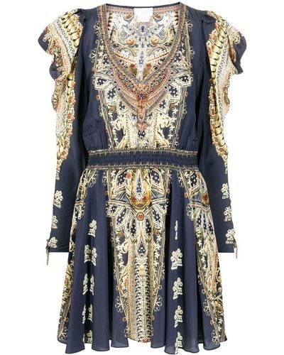 Camilla Mix-print Silk Flared Dress - Blue